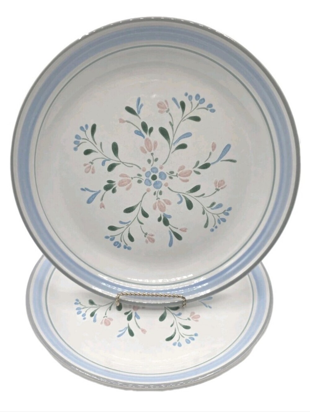 Vintage Fascino Stoneware Dinner Plate 10.75" Yamaka Green Blue Bands Farmhouse